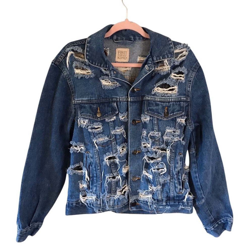 NWOT Furst of a Kind Vintage Distressed Destroyed Denim Jacket SZ LARGE